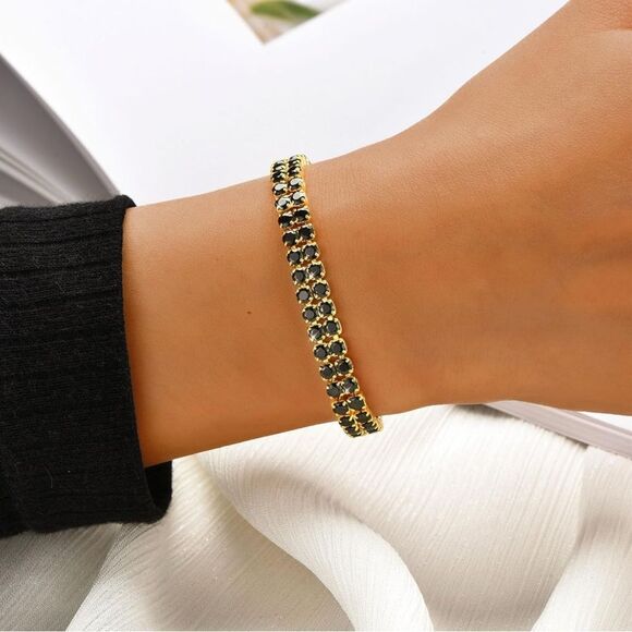 Gold 18k Gold Plated Black & Gold Cubic Zirconia Tennis Bracelet - Picture 1 of 4